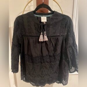 Knox Rose Black Eyelet Tassel Peasant Blouse